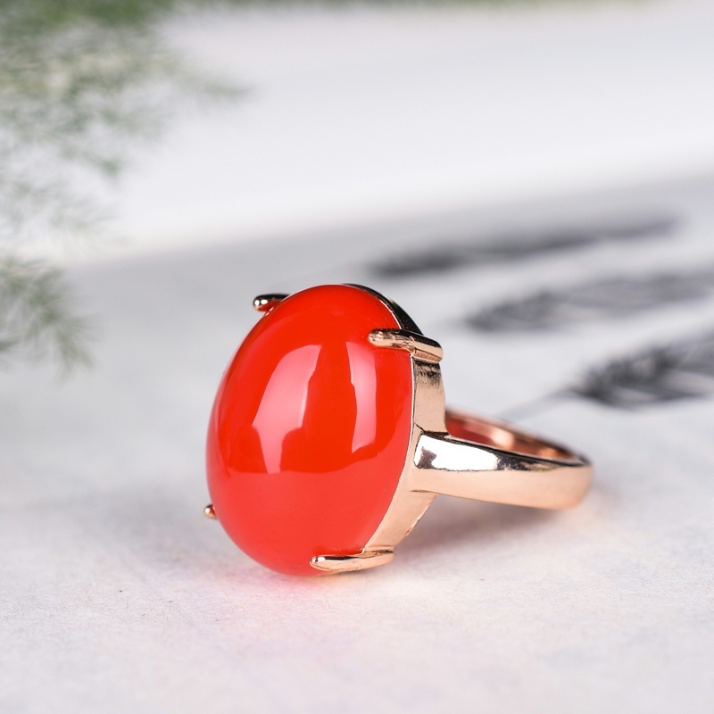 925纯银玫瑰金天然玉髓本命红玛瑙戒指潮女士钻戒子活口可调节