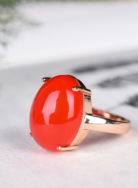 925纯银玫瑰金天然玉髓本命红玛瑙戒指潮女士钻戒子活口可调节