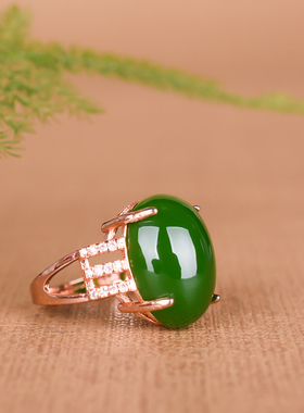 和田碧玉戒指925银镶嵌饰品镶玉戒指女士款流行首饰时尚饰品