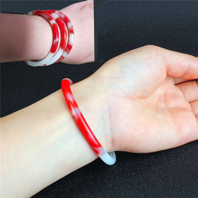 新疆和田玉红白玉手镯环金丝玉鸡血石圆款细玉手镯子女士玉镯手饰