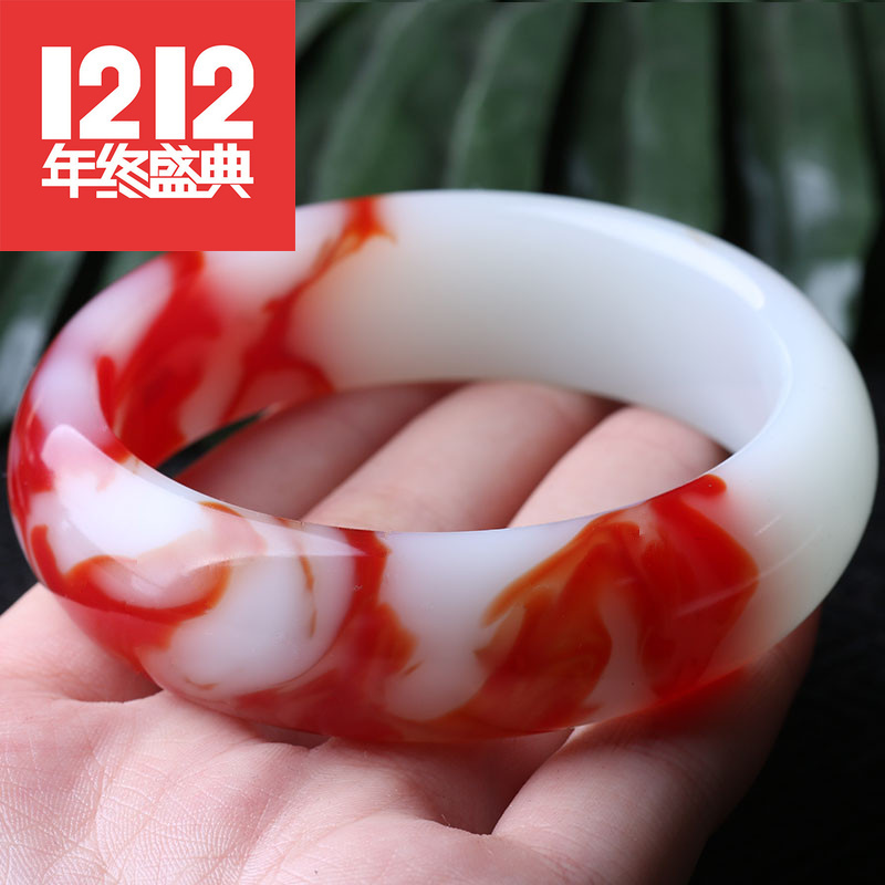 玉器和田玉红玉手镯 和田玉飘红白玉手镯 金丝彩玉镯子女
