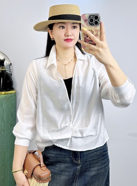 大码女装衬衫2025夏新款胖mm显瘦遮肚设计感小众不规则上衣72058