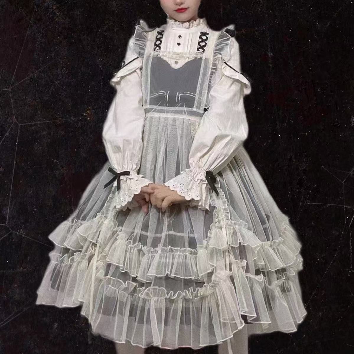 单罩裙 小众叠穿抽带提拉两穿优雅网纱蝴蝶结围裙罩纱过膝连衣裙