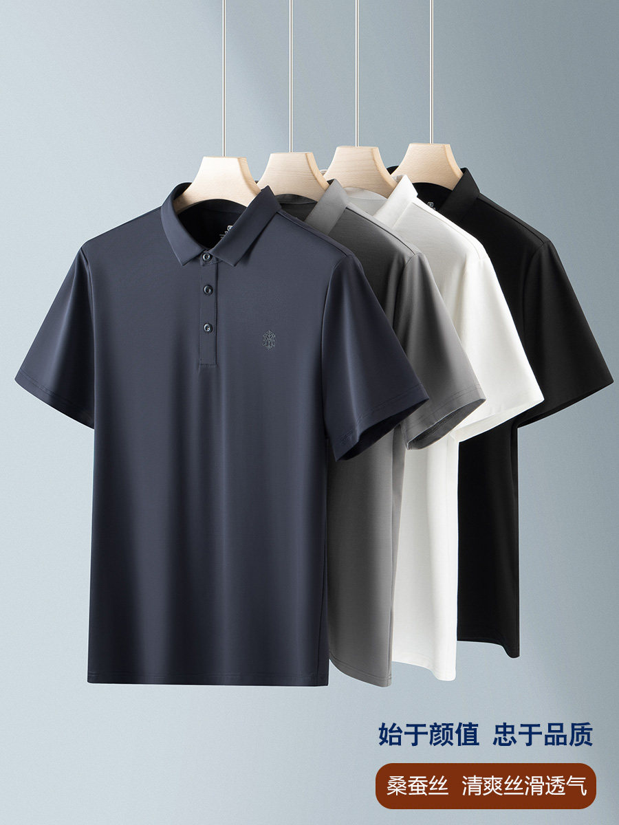 2024 NEW ICE SILK MULBERRY SILK SHORT SLEEVE MENS SUMMER LAPEL LOOSE POLO SHIRT MENS BUSINESS CASUAL T-SHIRT