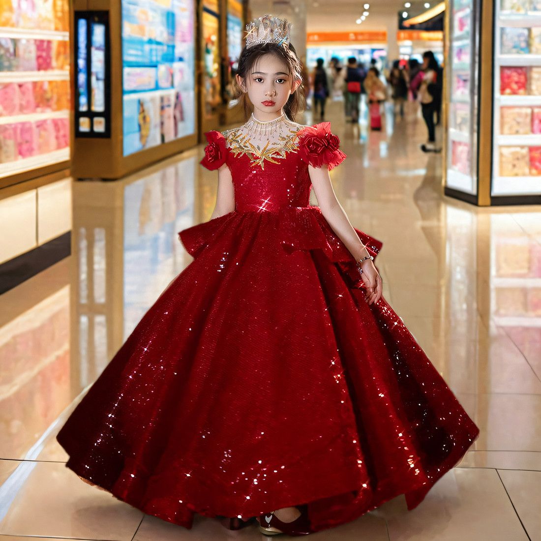 红色儿童礼服绝美公主裙走秀礼服