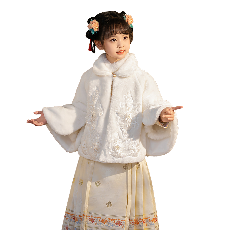 汉服儿童冬装加绒加厚新年拜年服外套披风毛领保暖女童马面裙套装