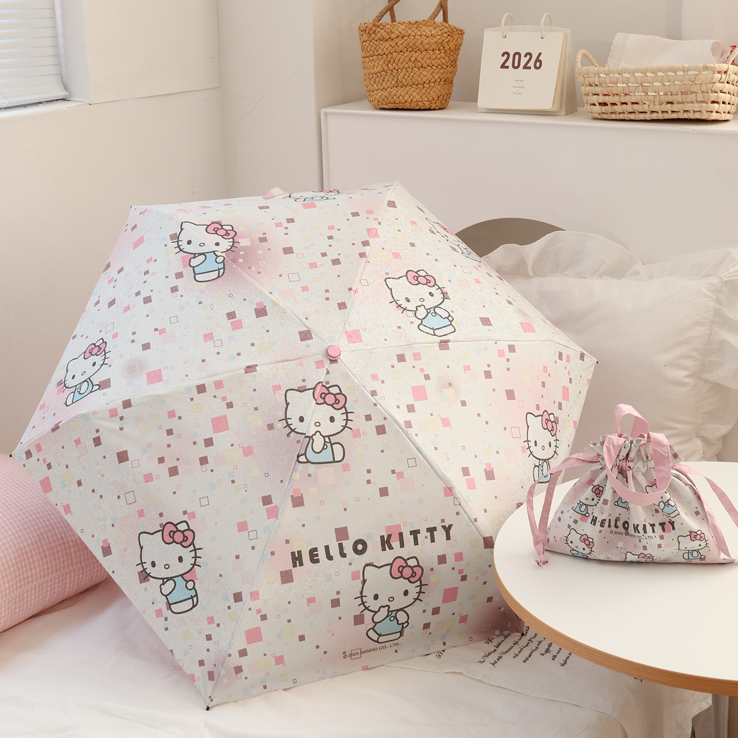 正版授权HelloKitty银闪小五折伞星星头彩胶晴雨两用伞可爱防晒伞