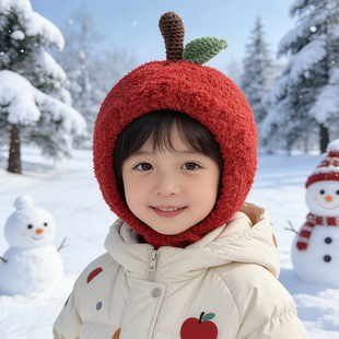 苹果帽子手工钩织儿童纯棉双层幼儿保暖套帽女新年红色帽男女宝宝