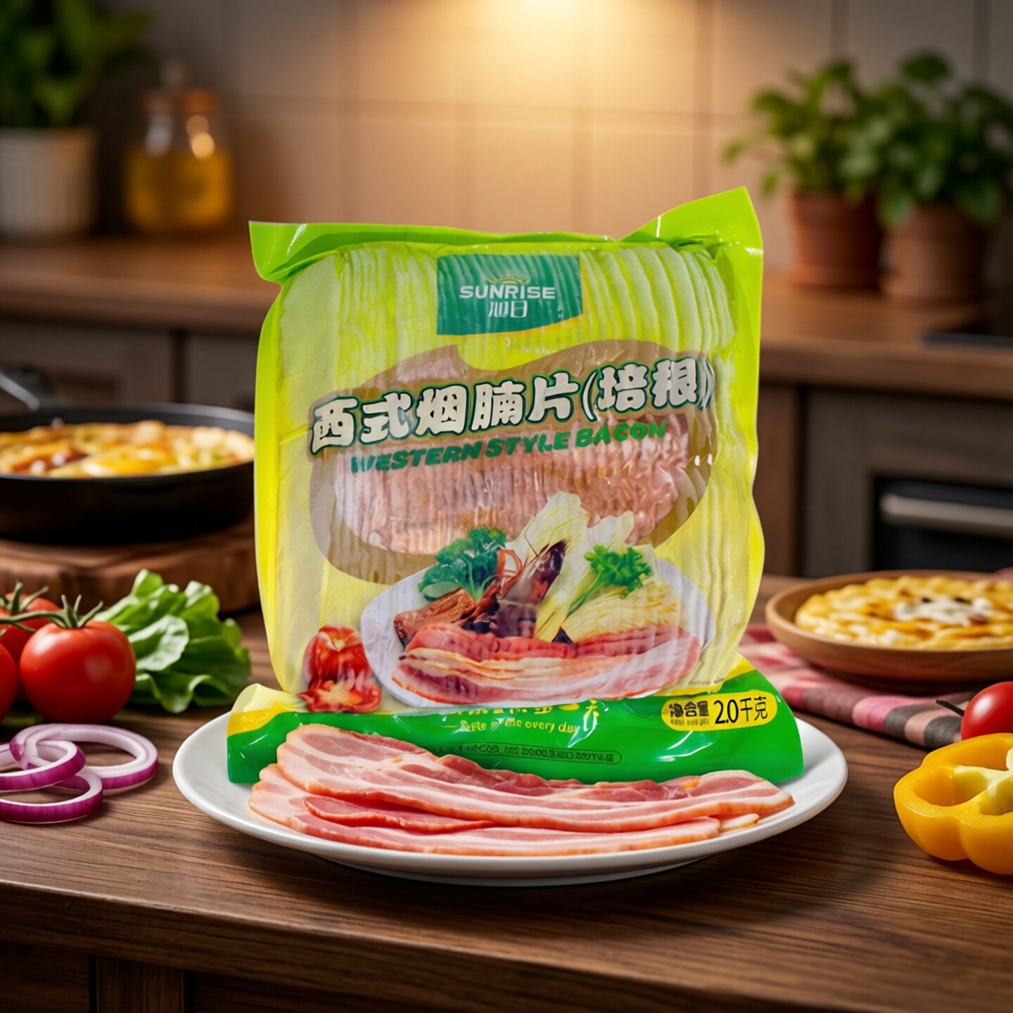 旭日西式烟腩肉片切片培根2kg 商用培根（约70多片）手抓饼 1袋