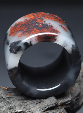天然鸡血石戒指鸡血玉扳指男女黑白红三色混色指环20圈口玉石戒指