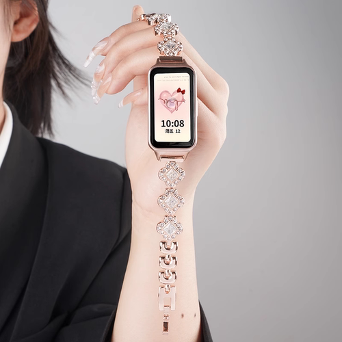 适用华为手环10施华洛四叶草链式小椭圆表带9/8运动NFC智能流光紫手环女生夏天不锈钢金属表链透气手链