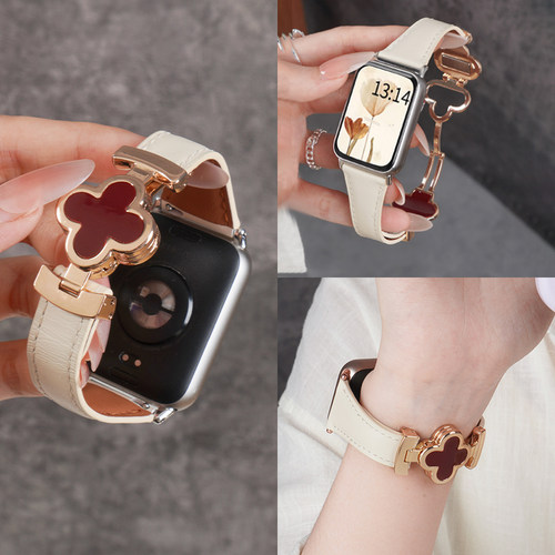 适用小米手环9pro磁吸扣四叶草真皮表带8pro红米watch6手表5腕表带redmi watch4女生秋冬透气表链