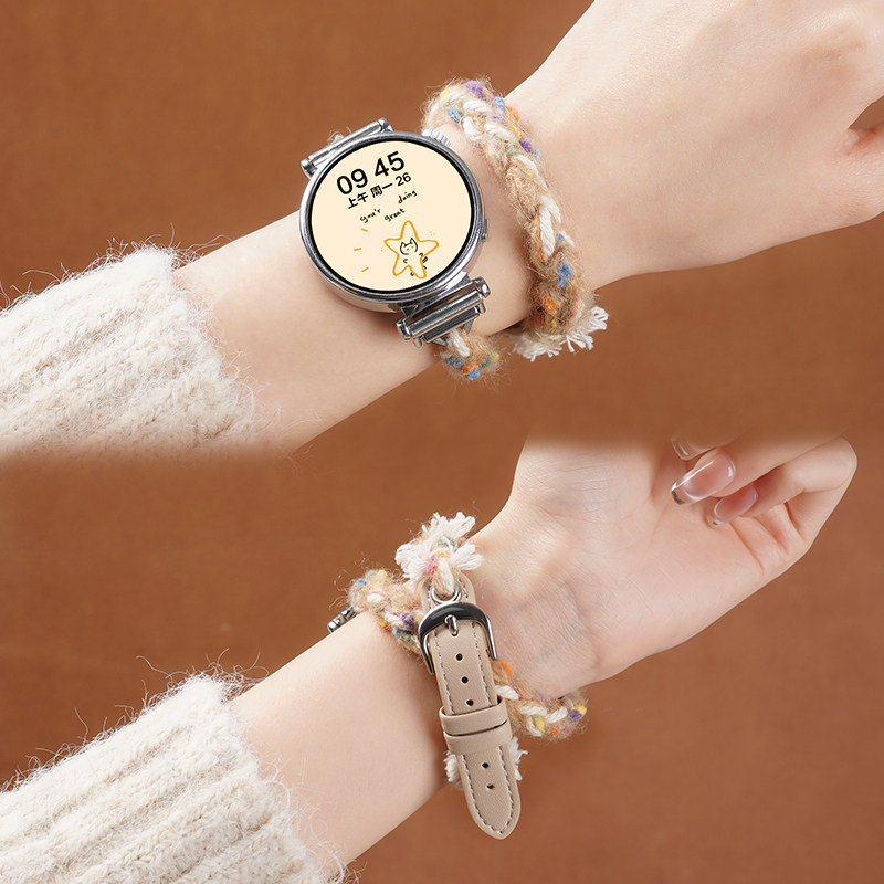 适用华为GT6表带watchgt6手表毛线拼皮质织物GT5pro 42mm智能腕表GT4女生41新款watch5编织gt3冬非真皮配件