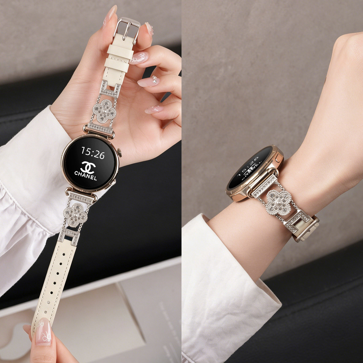 适用oppowatchx3 mini手表带x2mini满钻四叶草真皮oppox3迷你镶钻智能腕表女款夏季透气高级链配件18mm替换带