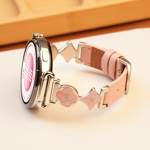 适用OPPOwatchx3mini手表带x2mini四叶花水钻拼皮腕表带18mm运动智能女生秋季高级表链