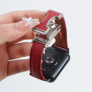 适用小米9pro手环8pro磁吸扣荔枝纹真皮表带双C运动智能手表红米redmi watch6女生5新年款4秋冬腕带H扣