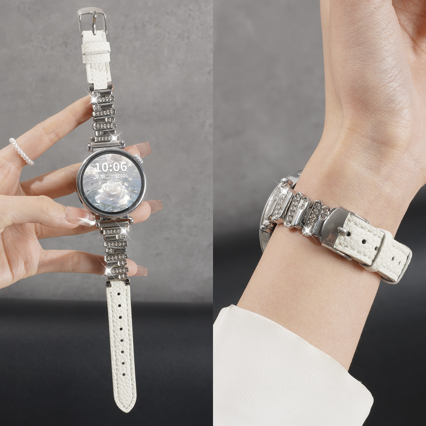 适用OPPOWATCH X2MINI镶钻拼皮表带oppo X2 mini智能手表X2黑天鹅同款2代oppo迷你冬季女款不规则金属腕带
