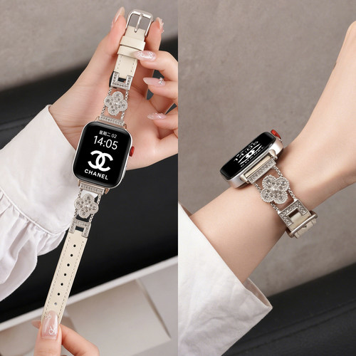 适用华为watchfit5手表带fit5pro全钻镶钻四叶花拼皮腕表带fit4运动4pro智能fit3女生夏季表链高级配件