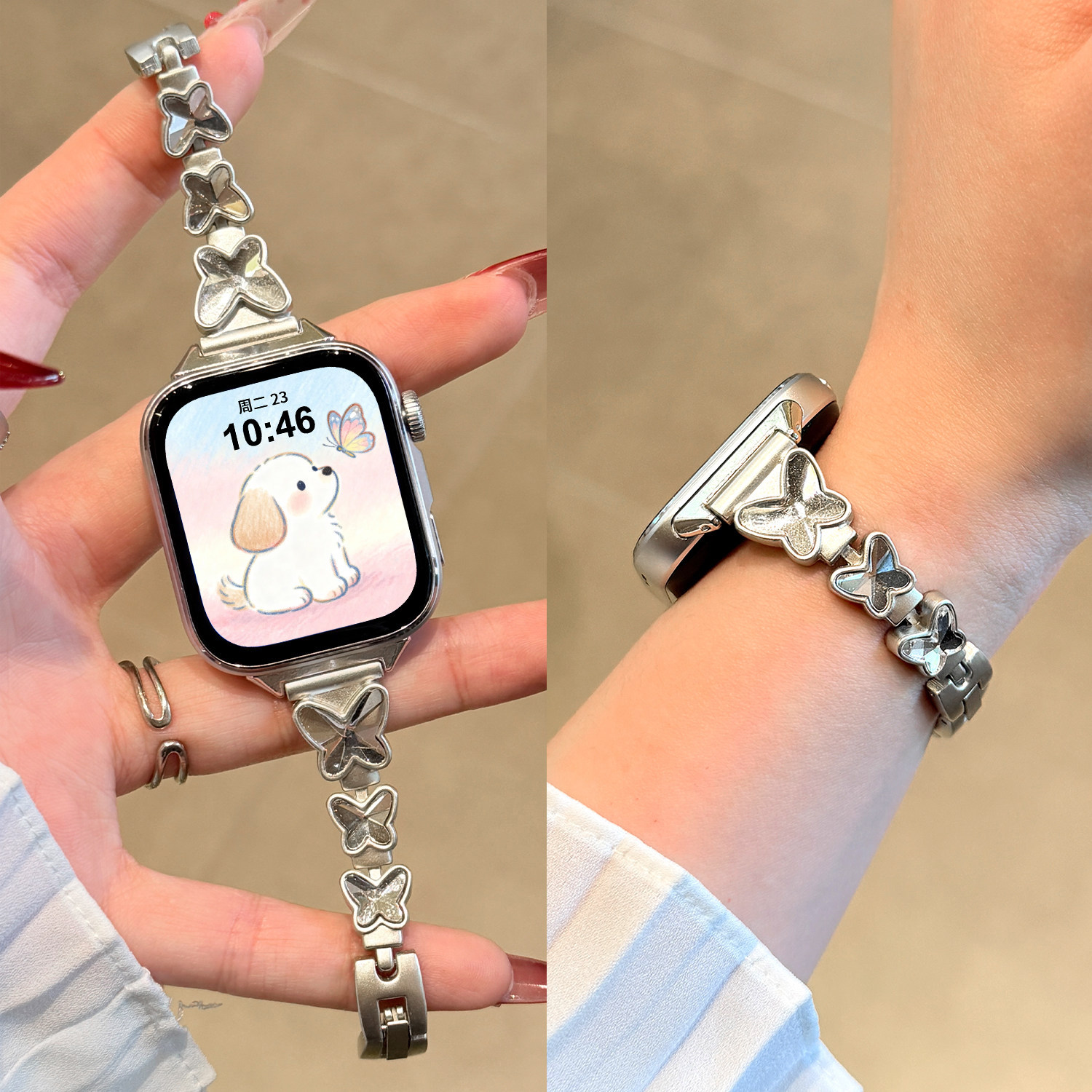 Watchbond适用华为FIT5表带watchfit4手表金属fit3三只蝴蝶链式贝母5pro陶瓷版智能4pro表带女FIT3高级感夏链