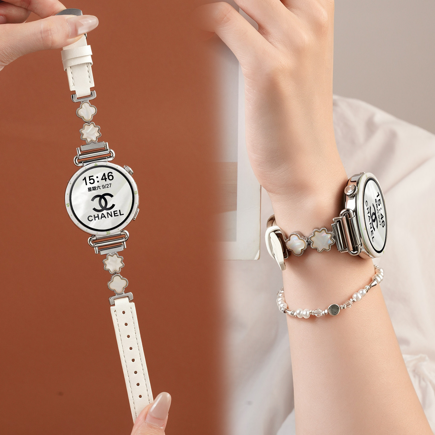 适用小米手表s5手表s4表带watch女四叶草贝壳拼皮智能腕表意贝母表链高级夏季腕带41mm