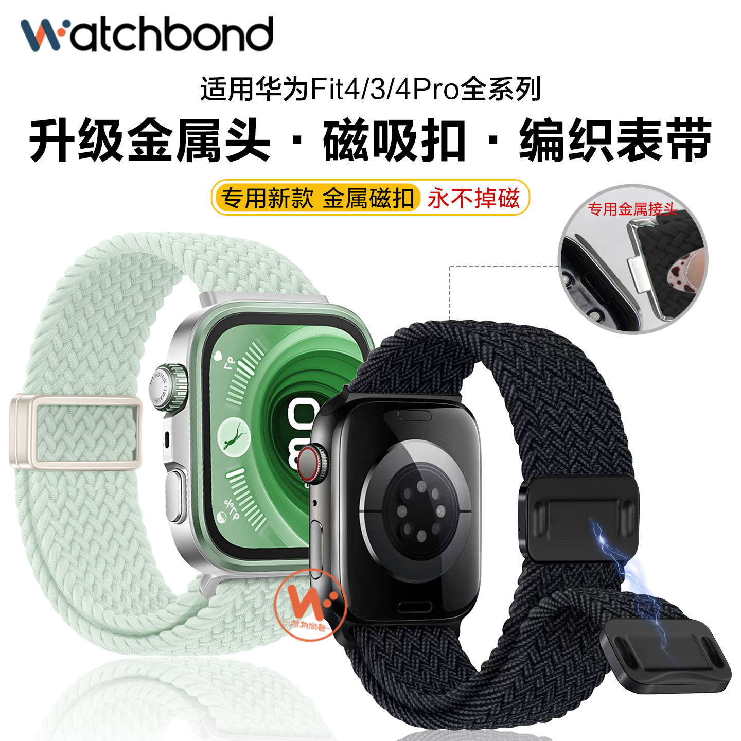 适用华为watchfit4pro手表带fit4专用一体磁吸扣编织腕表带金属无缝运动fit3智能手环女生春夏季表链男士透气