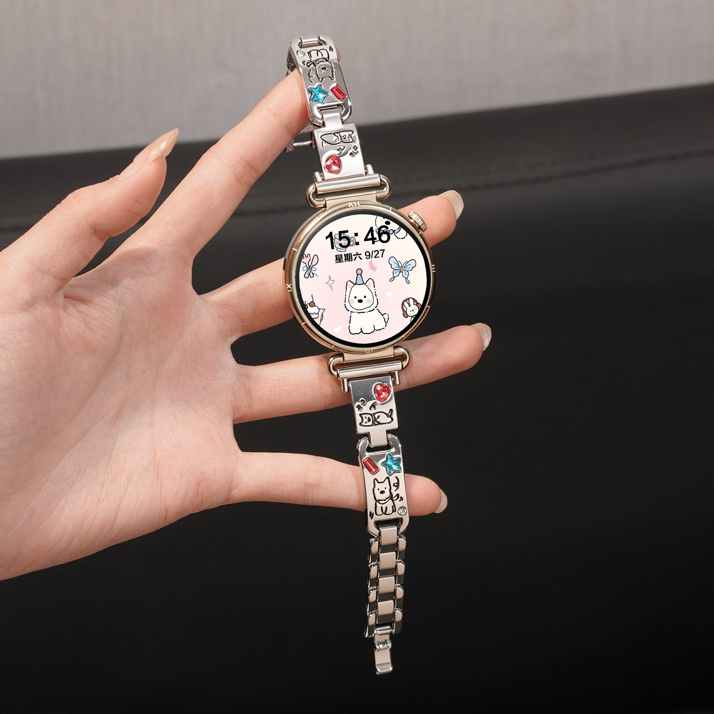适用华为GT6手表表带watchgt6彩钻锌合金可爱小狗gt5智能腕表watch5夏季透气gt5pro42高级链GT4女士配件链18