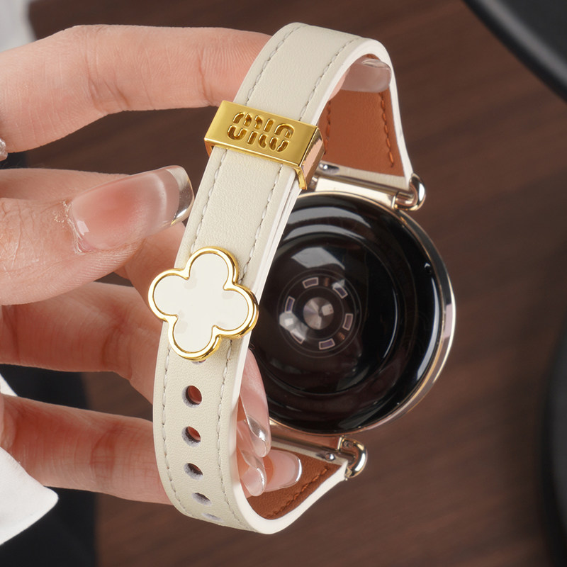 适用oppowatch X3mini手表X2mini表带四叶草oppo S新年红色真皮表带4pro运动watch3智能女生腕表41mm大牌se