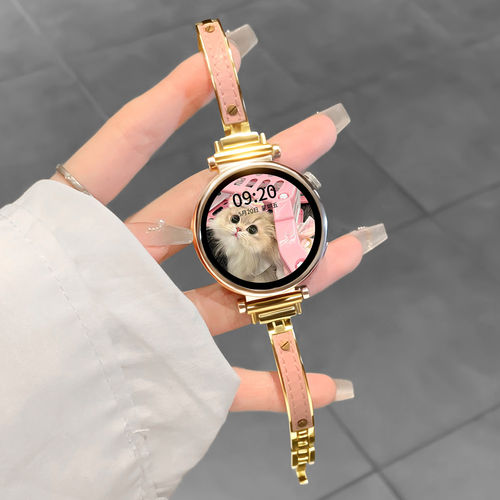 适用华为GT6表带watchgt5手表带千金弯月手镯拼皮质表链gt4智能腕表高级感时尚女款gt5pro荣耀magic2表带金属