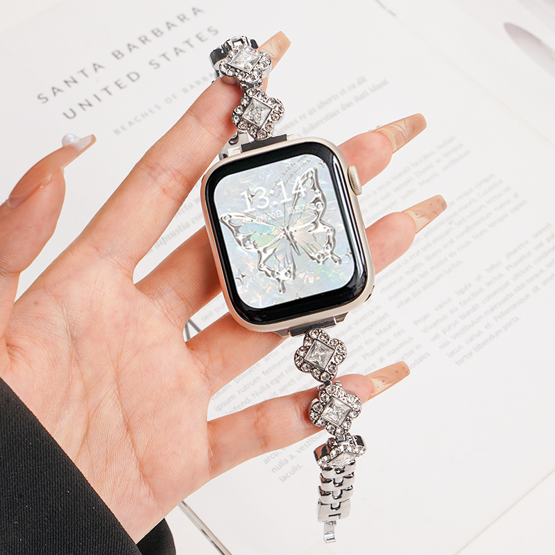 适用华为watchfit4pro手表带fit3手环链式施华洛四叶草fit2运动fitnew雅致版智能镶钻保护壳女生夏天表链镶钻