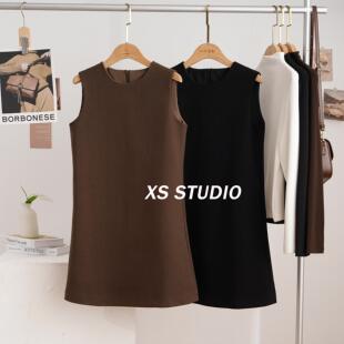 高级感毛呢背心连衣裙女2025秋季 圆领显瘦韩系通勤氛围直筒裙 法式