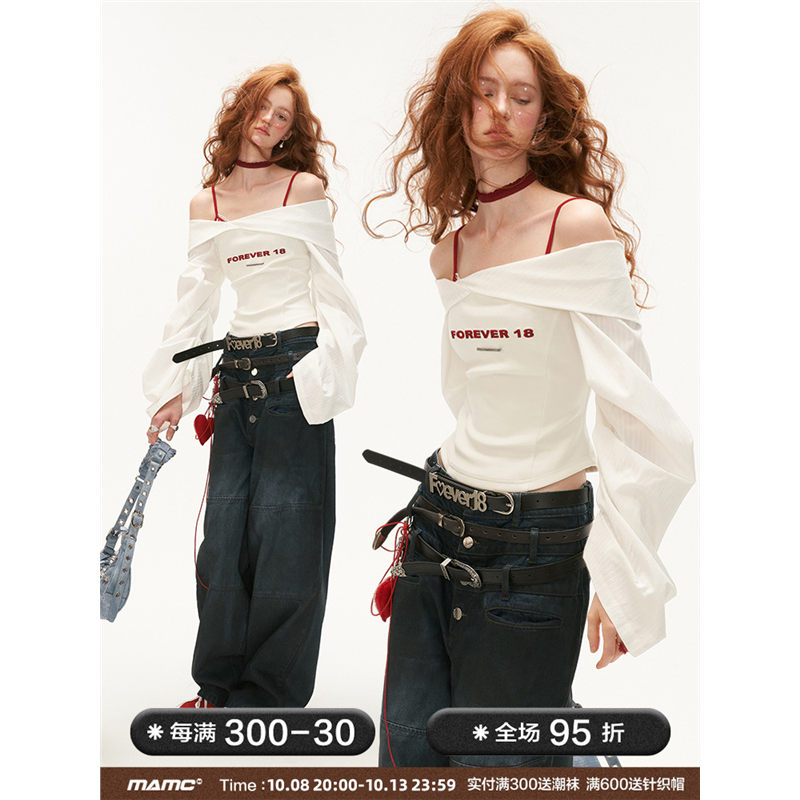 MAMC灯笼袖暗纹白色衬衫女2024新款修身独特小众设计感一字肩上衣