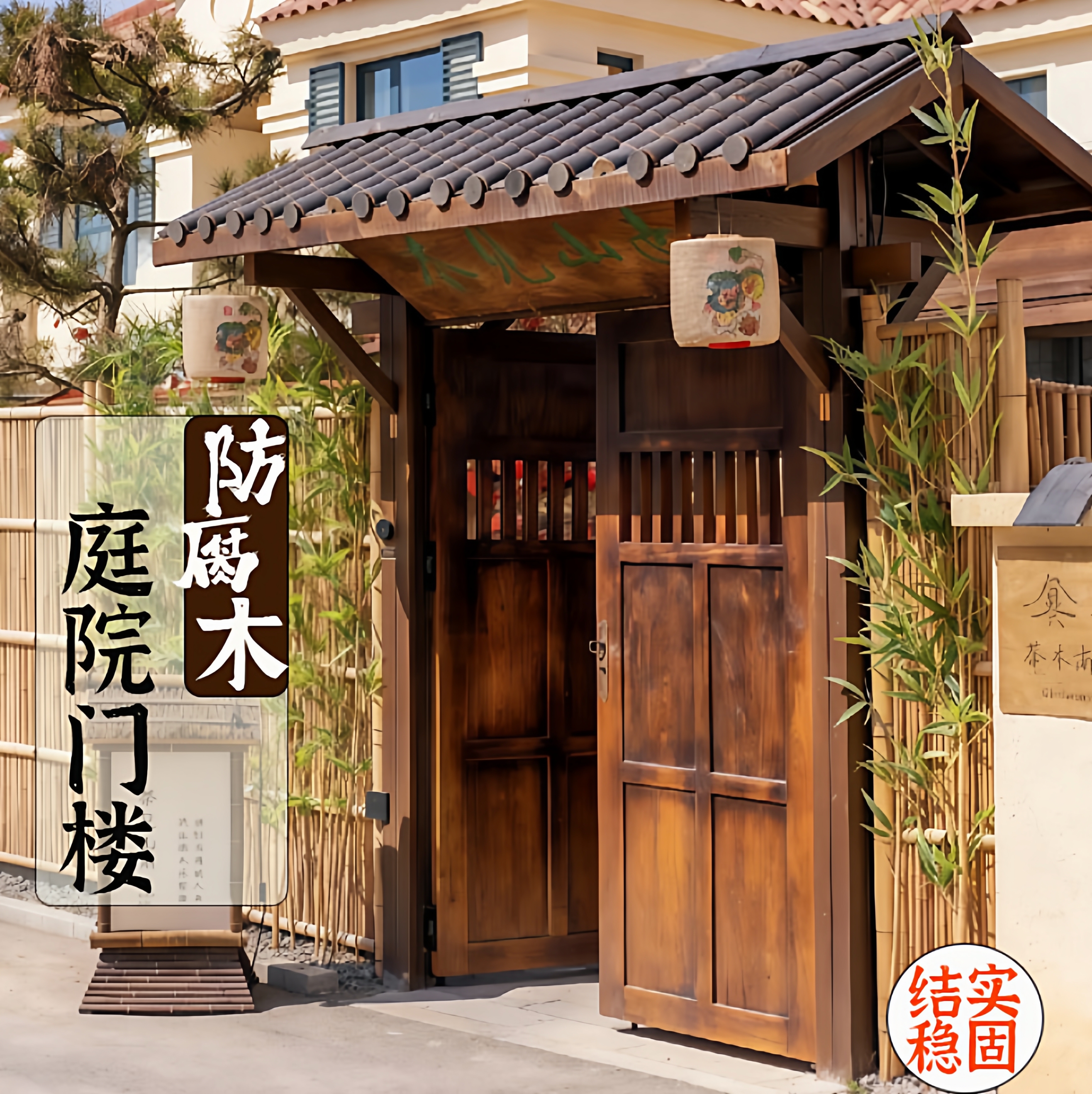 防腐木门楼仿古中式庭院门