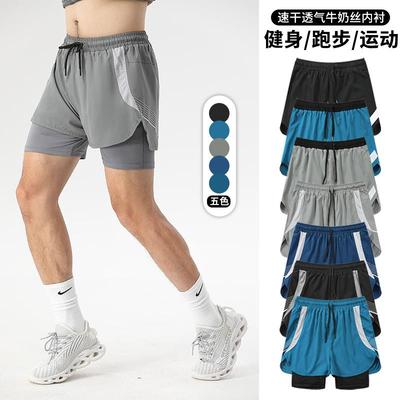 运动短裤男美式健身跑步裤内衬假两件训练速干三分篮球休闲短裤