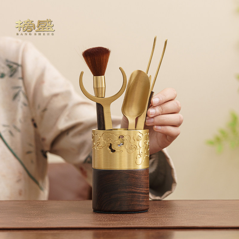 榜盛黑檀木铜祥云茶道六君子高端功夫茶具配件茶夹茶勺茶刀茶针图片