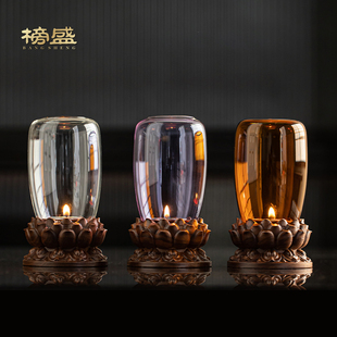 禅意仿古灯罩玻璃摆件书房茶室氛围灯 莲花古风家用香薰蜡烛台中式