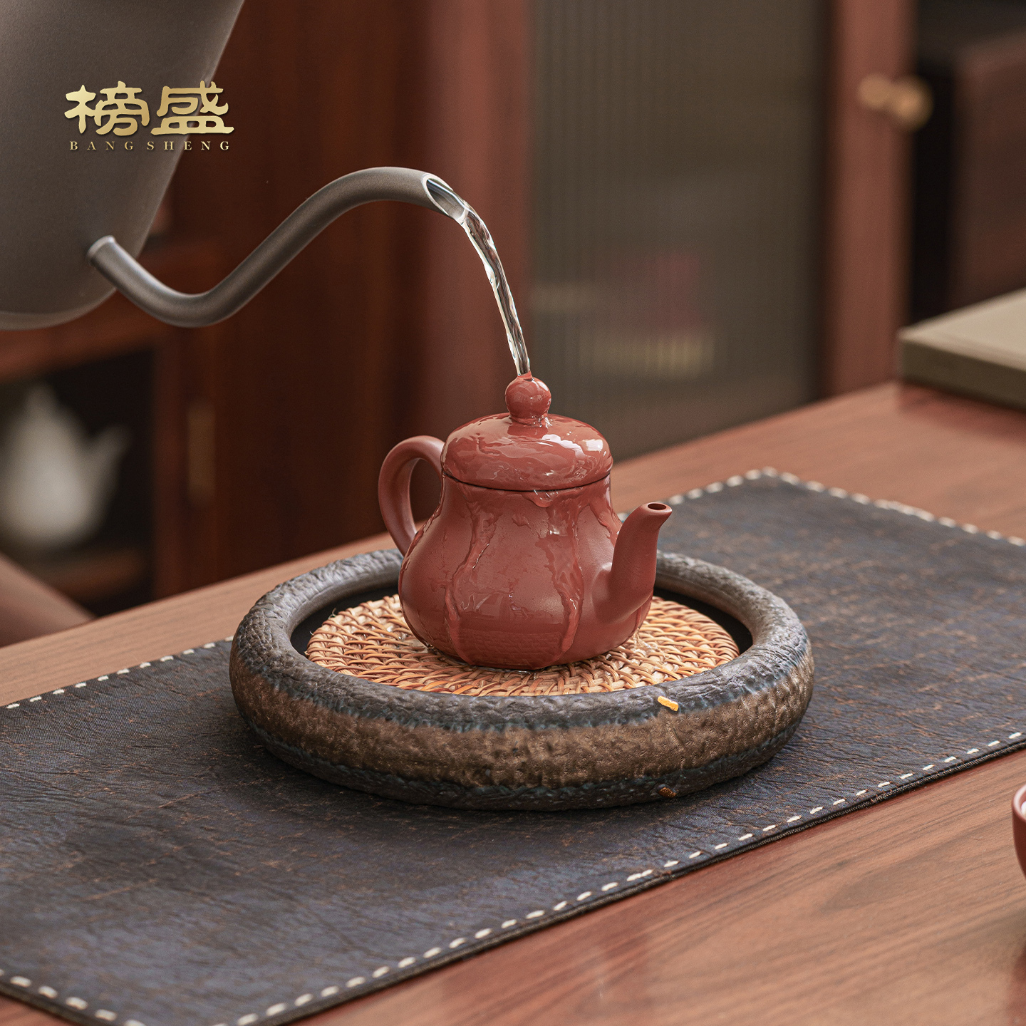 榜盛粗陶壶承干泡台手工藤垫