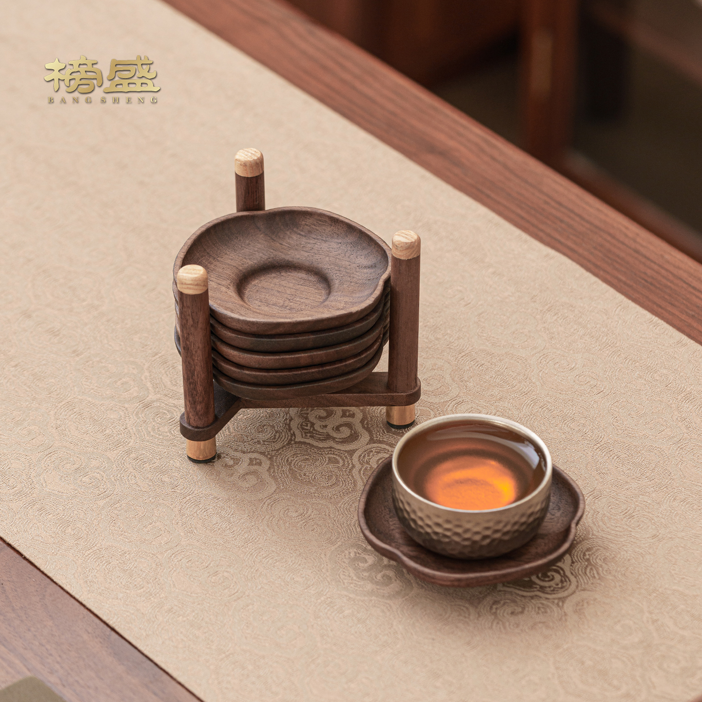 榜盛胡桃木实木茶杯垫茶托套装