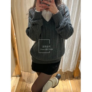 BM新款灰色麻花v领毛衣上衣女bm秋冬美式复古宽松慵懒针织衫内搭