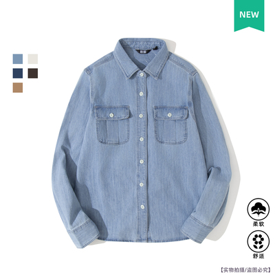 日单新款蓝色牛仔工装衬衫