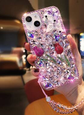 iPhone15苹果15ProMax满钻14手机壳12/11玫瑰花XR水钻7全包8P女13