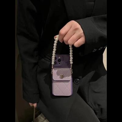 山茶花零钱包插卡苹果13手机壳轻奢适用于iphone14/11/12proMAX珍珠手提斜跨背带i华为nova11软壳VIVO小米