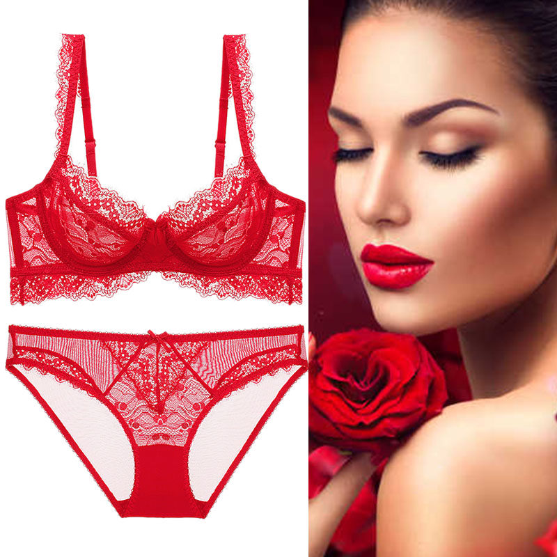 法式轻薄蕾丝边内衣聚拢舒适胸罩大胸显小文胸性感透视套装新品女