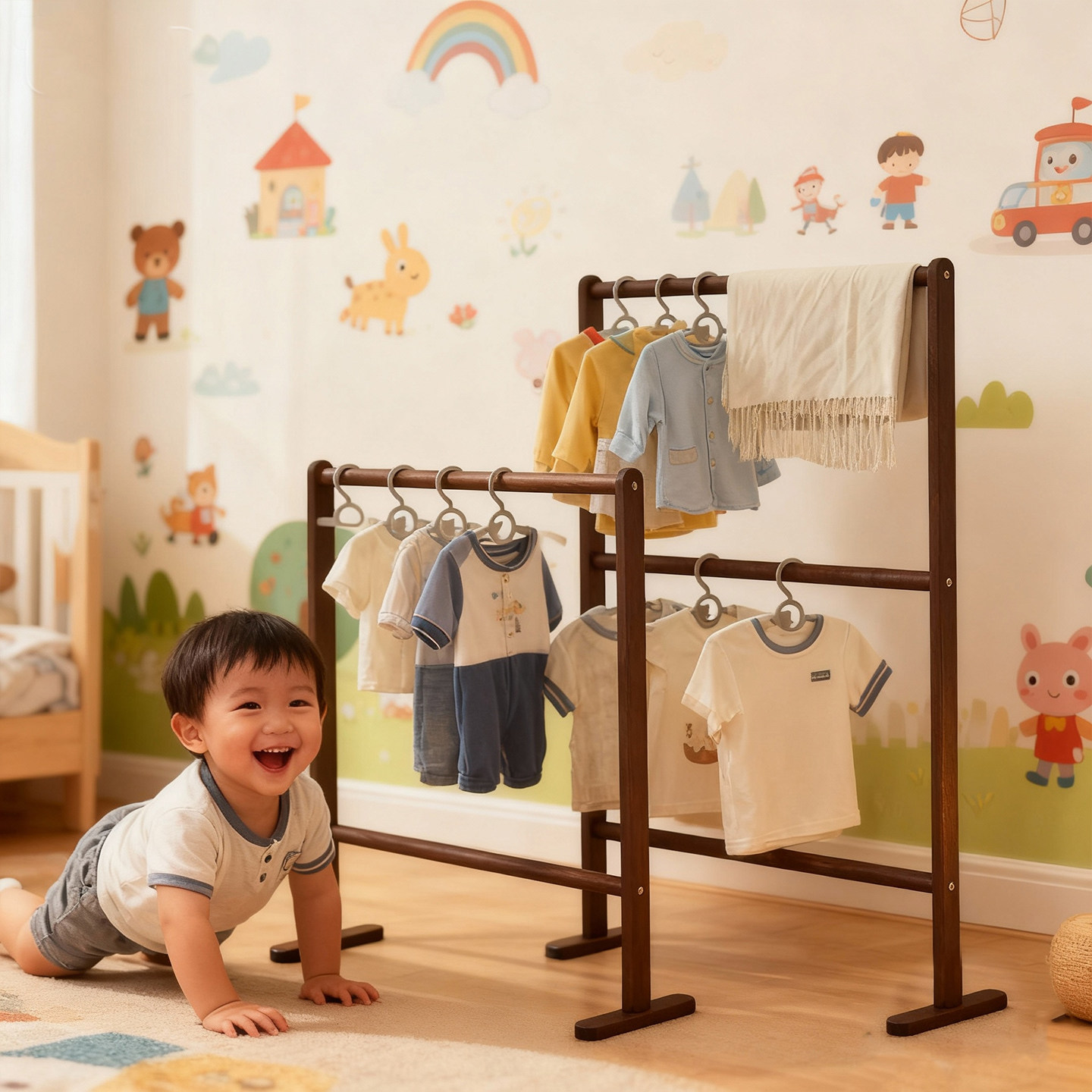 实木立式一体收纳晾衣服挂衣架