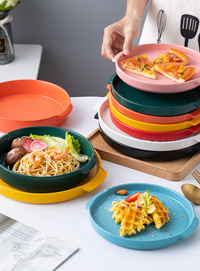 北欧陶瓷双耳盘子披萨烤盘烤箱微波炉专用盘创意家用菜盘平盘深盘
