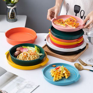 北欧陶瓷双耳盘子披萨烤盘烤箱微波炉专用盘创意家用菜盘平盘深盘
