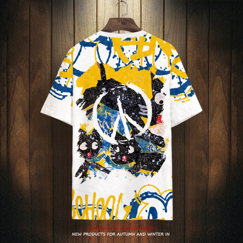 涂鸦短袖t恤男潮ins个性百搭夏装薄款速干体恤衫青少年大码半截袖