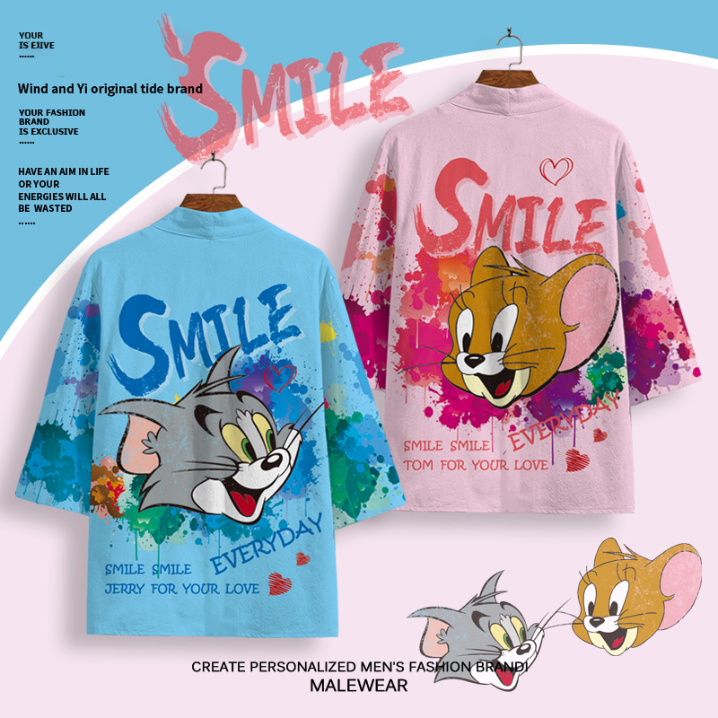 卡通道袍外套男猫和老鼠cos服夏季羽织披风加肥大码薄款情侣衬衫