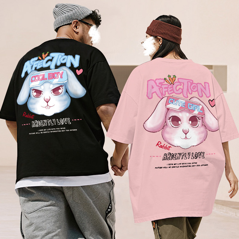 重磅纯棉短袖t恤男2024新款兔子印花情侣装半袖大码休闲学生体恤