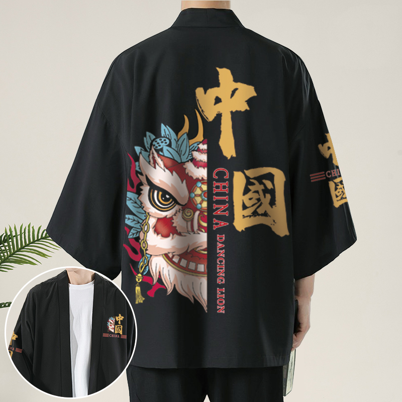 夏季新款披风男中国风醒狮印花五分袖衬衫oversize羽织道袍薄外套