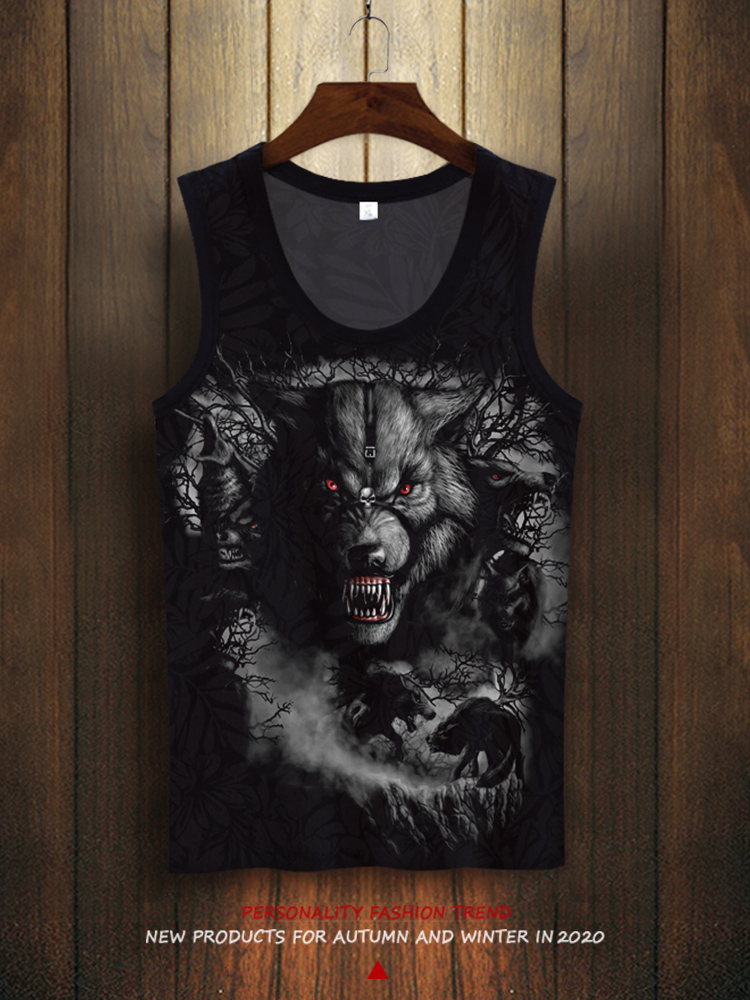 3d立体狼头图案印花无袖t恤潮牌大背心社会小伙霸气健身运动坎肩